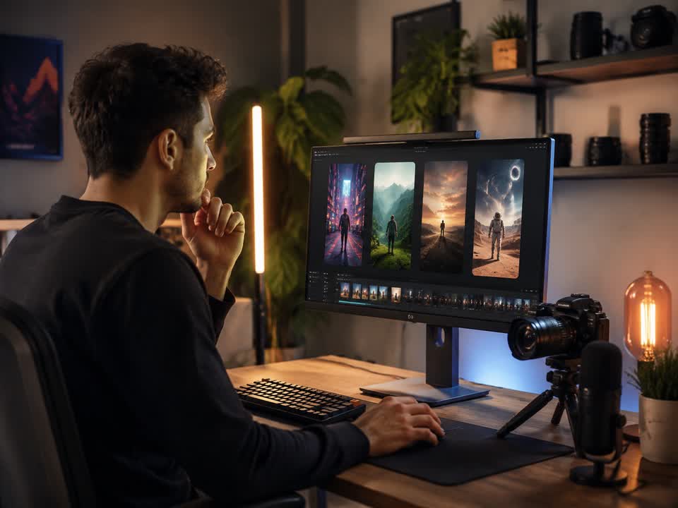 Content creator generating AI videos from text prompts on GemOmni