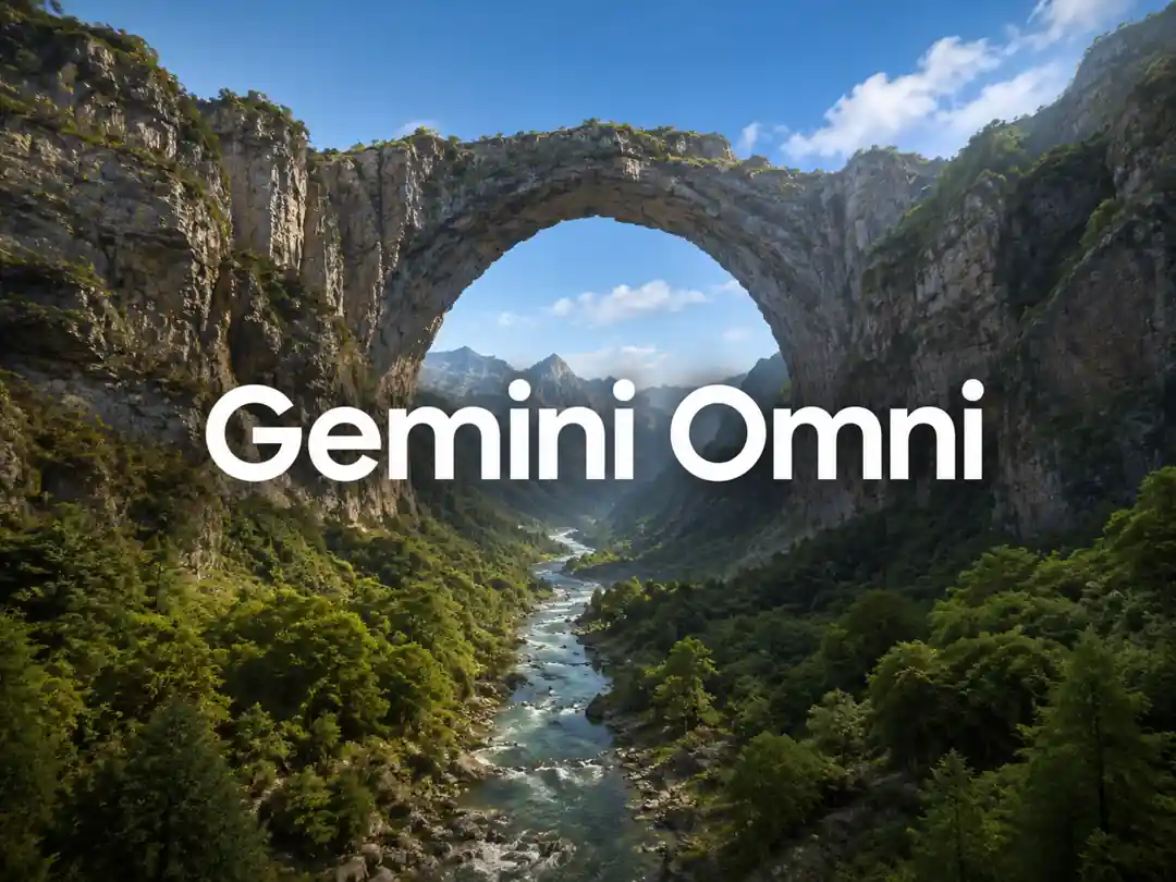 真实自然石拱景观上的 Gemini Omni 标题