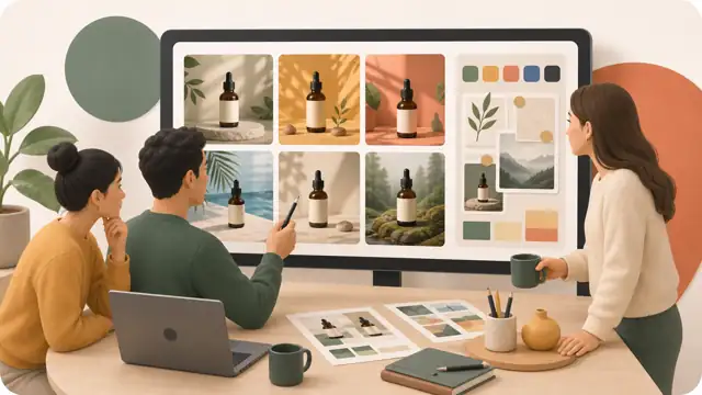 Marketing team creating ad visuals with AI image generator from text prompts